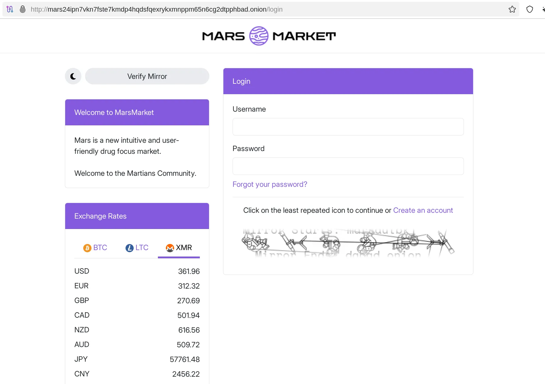 MarsMarket login panel preview